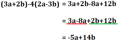 (3a+2b)-4(2a-3b)は-5a+14bとなる。