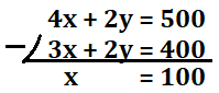 2つの式の筆算で、x=100を導出する図