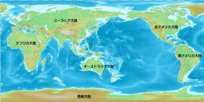 世界地図に6大陸の名前を書いた図