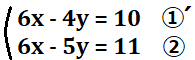 6x-4y=10を①´、6x-5y=11を②とした連立方程式の図