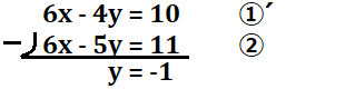 上の連立方程式を筆算の形においてyの解を導出する図
