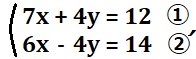 7x+4y=12を①、6x-4y=14を②´とした連立方程式の図