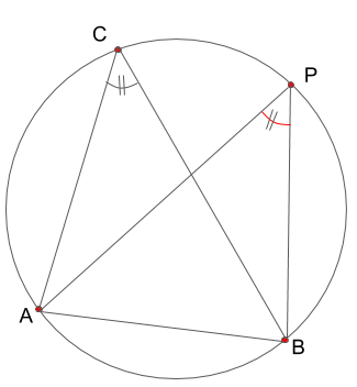 円周上にもう一つの角があるため、円周角の定理により等しくなることを示した図