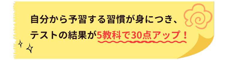 自分から予習する習慣が身につき、テストの結果が5教科で30点アップ！