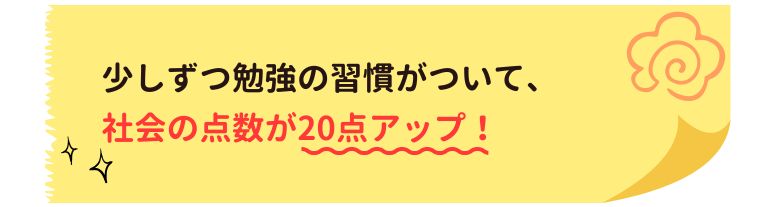 少しずつ勉強の習慣がついて、社会の点数が20点アップ！